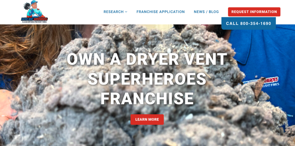 Screenshot of the Dryer Vent Superheroes franchise development website homepage
